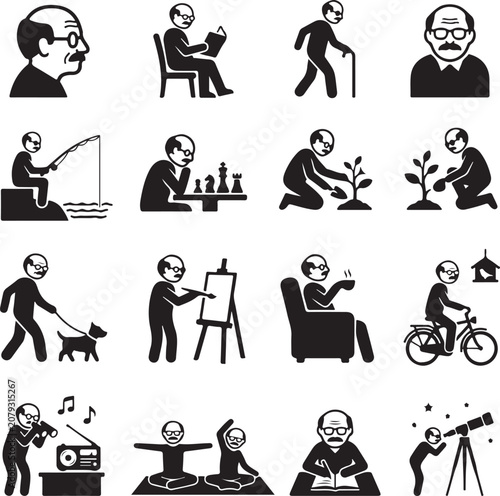 Black and white vector illustration showing a collection of icons featuring an elderly man engaged in various daily hobby activities