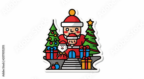 A cartoon Santa Claus with a red hat and coat stands in front of a house with a Christmas tree