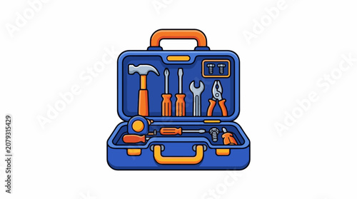 A blue toolbox with orange accents open displaying various tools