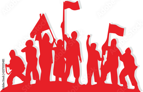 Red silhouettes of people protesting together.