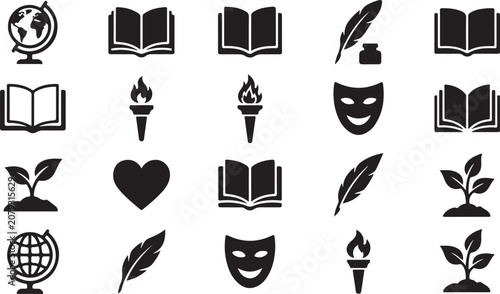 Set of black educational vector icons featuring open books globe torch feather pen theater mask and nature sprout plant symbols