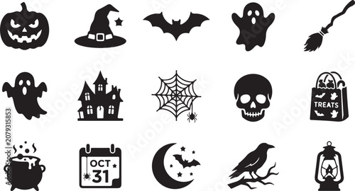 Black silhouette vector illustration set featuring iconic halloween elements like pumpkins ghosts bats skulls and spooky haunted house building designs