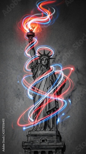 Statue of Liberty Pencil Sketch with Neon Light Trails Patriotic Wallpaper