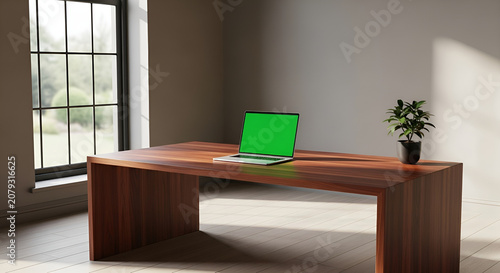 Modern Minimalist Workspace with Laptop Green Screen and Plant by Window