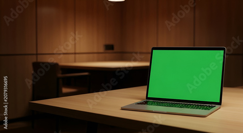 Laptop with green screen on wooden desk in a dimly lit modern office space