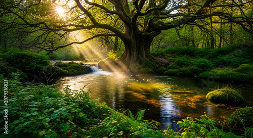 Magical Forest Scene with Ancient Tree Sun Rays and Flowing Stream