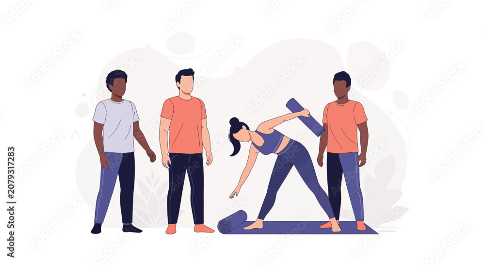 Naklejka premium Diverse Group Practicing Yoga, Instructor Demonstrating Pose with Yoga Mat and Prop