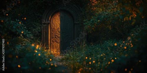 Secret ancient door hidden in enchanted garden with sparkling magic