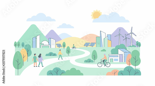 A vibrant stylized landscape depicts a sustainable urban environment with renewable energy sources and active citizens
