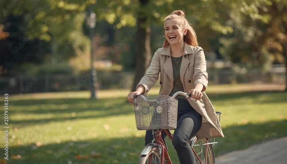 Fototapeta premium There is a woman that is riding a bike with a basket on the back
