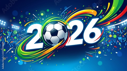 Futuristic Soccer Ball Celebration with Glowing Number 2026 in Dynamic Stadium Lighting