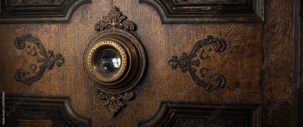 Fototapeta premium Close-up of a vintage door with ornate details and a peephole