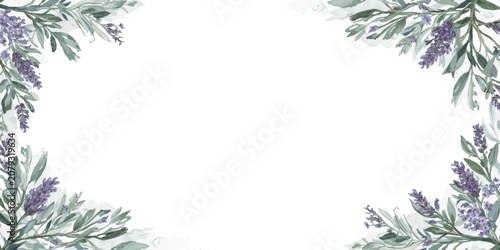 Isolated white background with a digital painted frame of sage olive branches and lavender eucalyptus