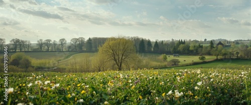 Wide view of green fields w...