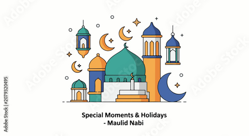 Islamic festival illustration with mosques crescent moons lanterns and stars