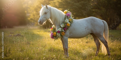White horse wearing a flora...