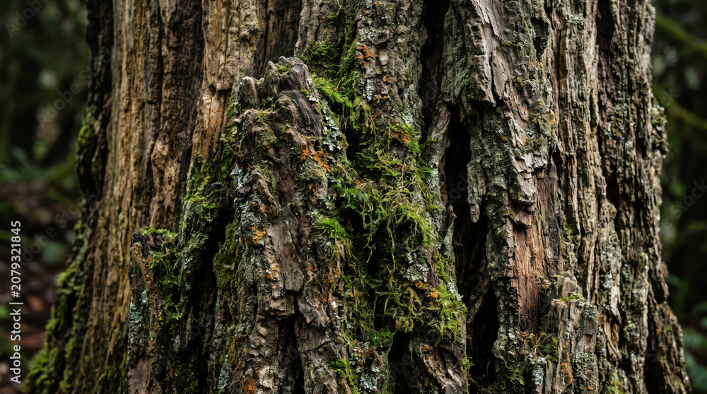 Obraz premium Close-up of old tree trunk with moss in forest