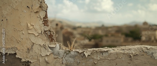 Peeling beige wall with blu...
