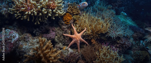 Starfish among colorful cor...