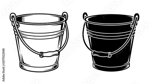 Slika na platnu Two Buckets, Contrasting Tones: A black and white illustration depicting two sturdy buckets, one in a classic metallic finish and the other in a bold, dark silhouette