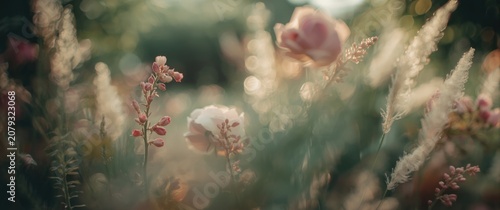 Pink flowers and grasses in...