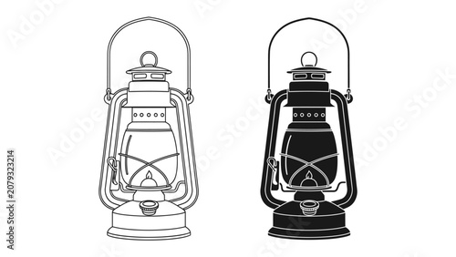 Foto Retro Oil Lantern Set: A graphic illustration presents two vintage oil lanterns, one rendered in a clean outline and the other in a bold silhouette, symbolizing light and historical illumination