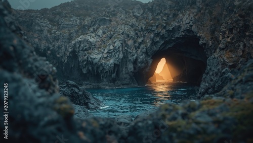 Rocky coastal sea caves wit...