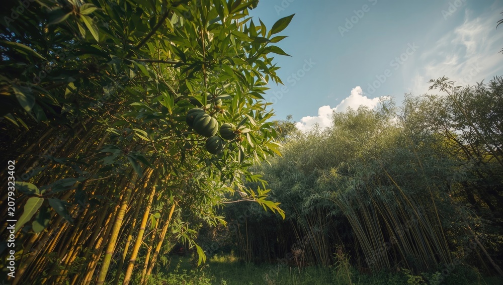 Fototapeta premium Lush papaya trees and dense bamboo thickets bathed in warm sunlight with light breeze