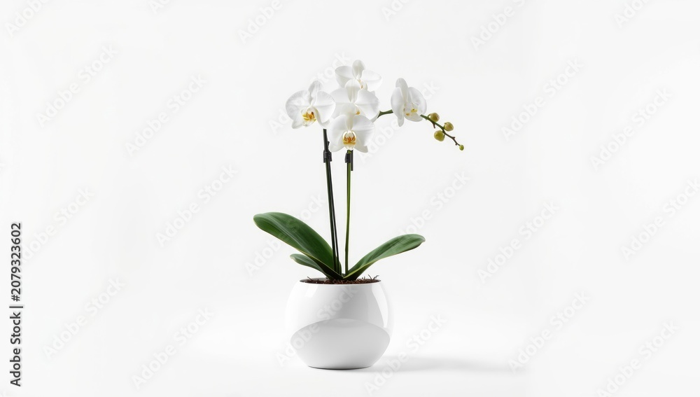 Fototapeta premium White orchid flower in a stylish pot displayed on pure white background with copy space for cosmetic and health decor