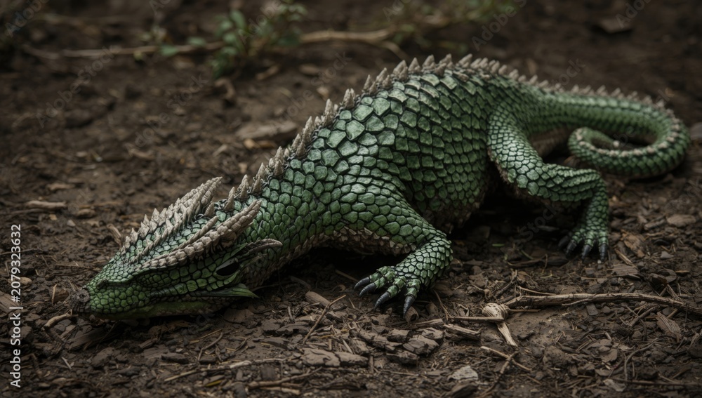 Fototapeta premium Green reptile with textured skin on the ground