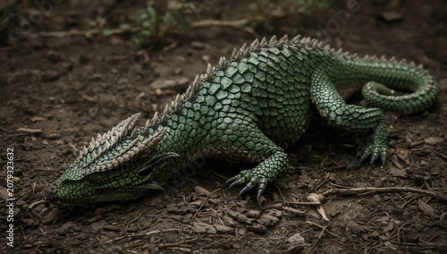 Green reptile with textured...