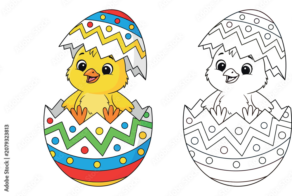 Fototapeta premium Cute Yellow Cartoon Chick Hatching from a Decorated Easter Egg Vector Illustration
