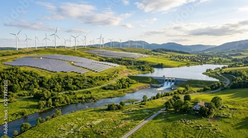 Scenic renewable energy landscape with wind turbines solar panels and hydroelectric dam