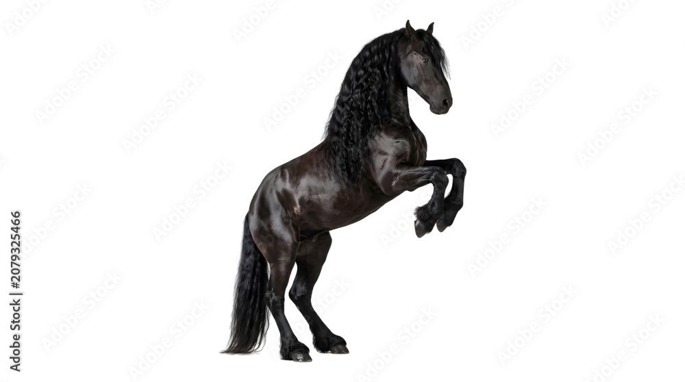 Fototapeta premium Horse with glossy black coat and flowing mane rearing up on hind legs captured as a PNG on a transparent background