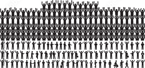 Foto Crowd of diverse people celebrating with arms raised against a white background