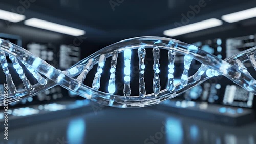 Abstract 3D rendering of a DNA helix in a futuristic laboratory with glowing screens in the background