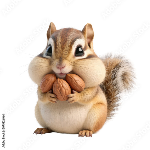 Cute cartoon style chipmunk holding a pile of walnuts isolated on white background.