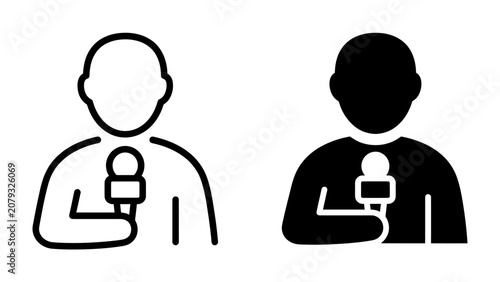 Photos Journalist Icon Set: A pair of graphic icons representing a journalist holding a microphone, depicted in both outline and solid fill styles