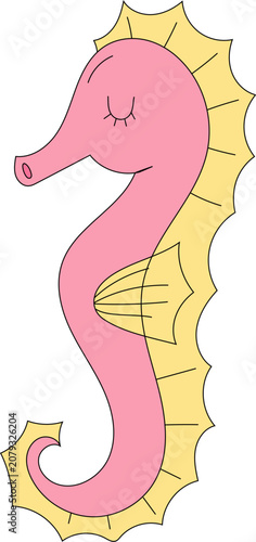 Pink seahorse side profile illustration with curled tail, yellow dorsal fin, black outline, minimal features, clean white background, playful nursery style, with seahorse, pink, yellow, marine detail