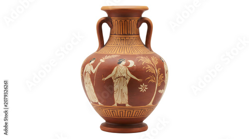 Quadro su tela Greek amphora with terracotta finish painted figures and geometric patterns pres