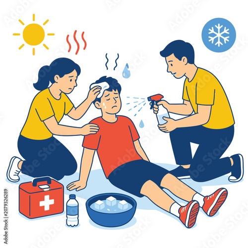 First aid treatment for heatstroke vector illustration showing friends helping a boy suffering from heat exhaustion.