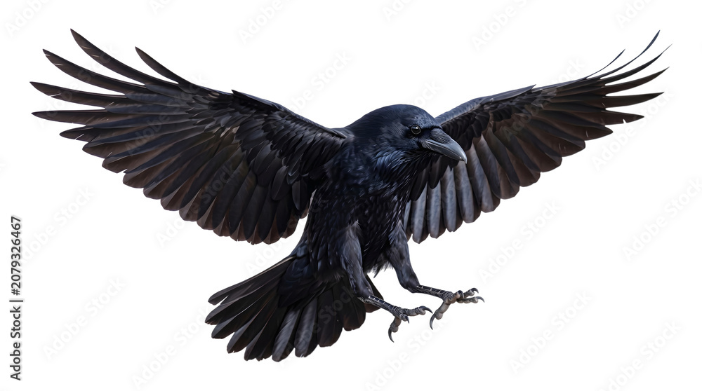 Obraz premium Raven with fully spread wings and extended sharp talons captured mid flight as a PNG on a transparent background