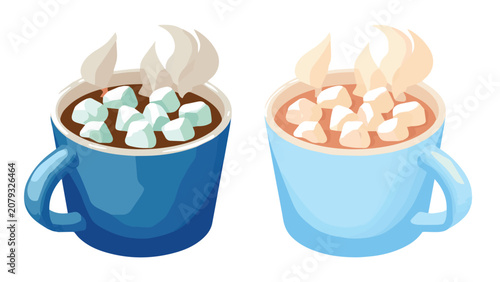 Two colorful coffee cups with steam and marshmallows on a white background suitable for hot beverages and cozy mornings