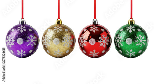 five reflective purple, gold, red, blue, and green christmas baubles with intricate glitter patterns, suspended on red ribbons, isolated against a transparent background. concept for holiday