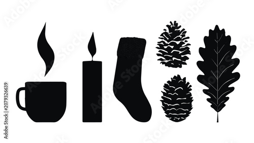 Cozy Christmas scene with candle pine cone sock and leaf in black and white style for holiday celebration
