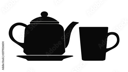 Black silhouette of a teapot and a cup on a matching tray with minimalistic design in high contrast style
