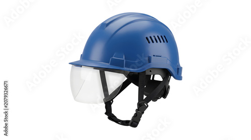 Obraz na płótnie Safety helmet in blue with clear visor vents and black chin strap presented as a