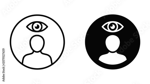 Obraz na plátně Concept of Surveillance: Simple line art and solid black icons depict a human silhouette with an eye above its head, symbolizing monitoring, observation, or consciousness