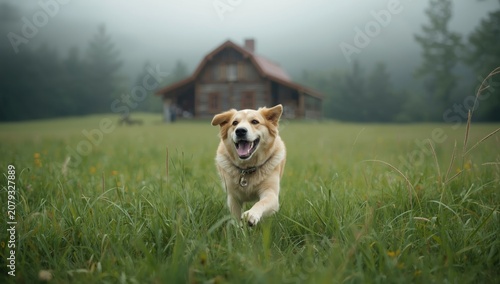 Dog running happily through...