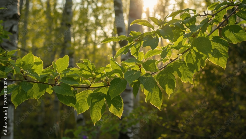 Fototapeta premium Sunlight shining through green leaves on a tree branch